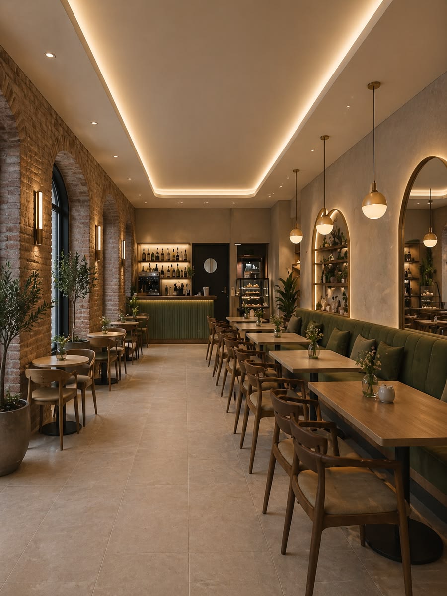Restaurant interior with bar counter, banquette seating and pendant lighting