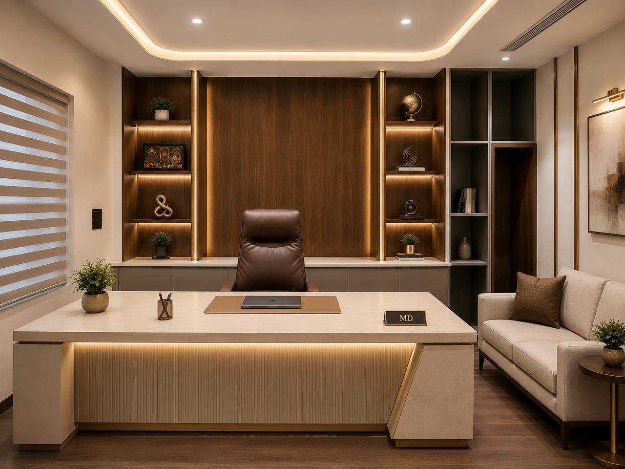 Executive office cabin with wood panelling, desk and visitor seating