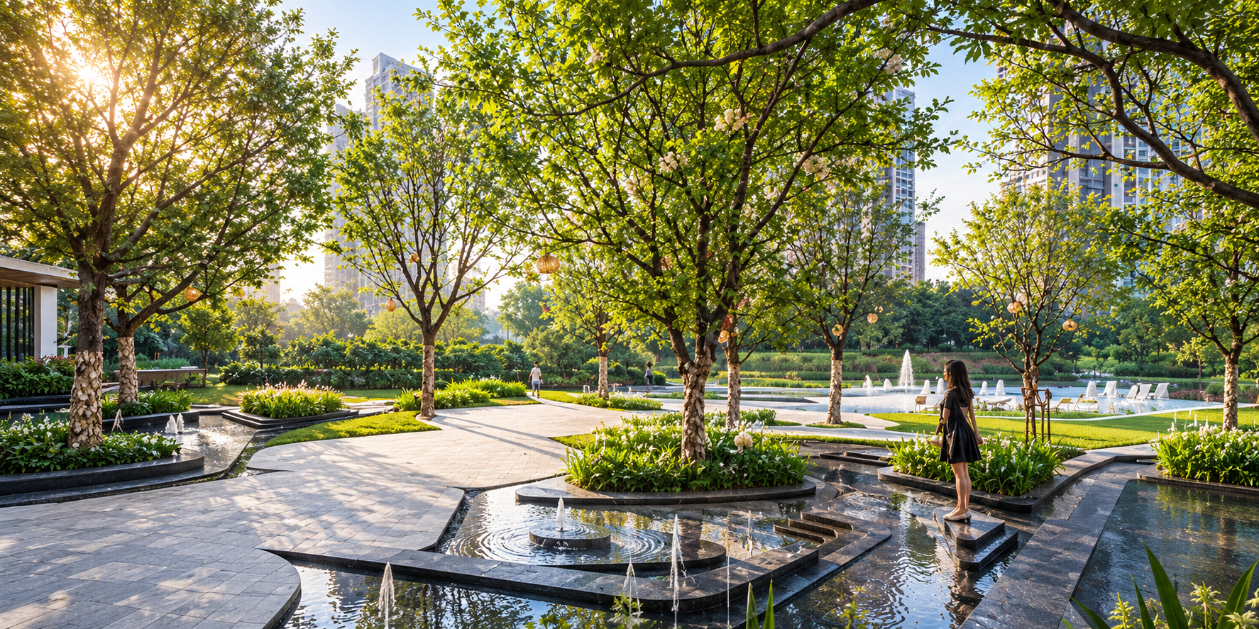 Landscaped garden with water features and residential towers beyond