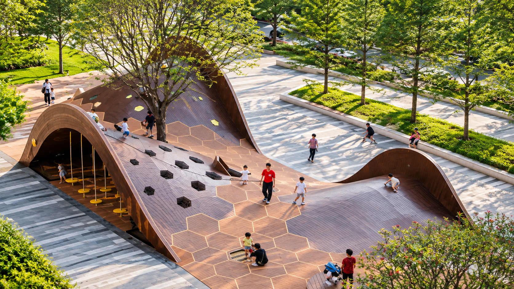Sculptural timber play landscape set in a landscaped plaza