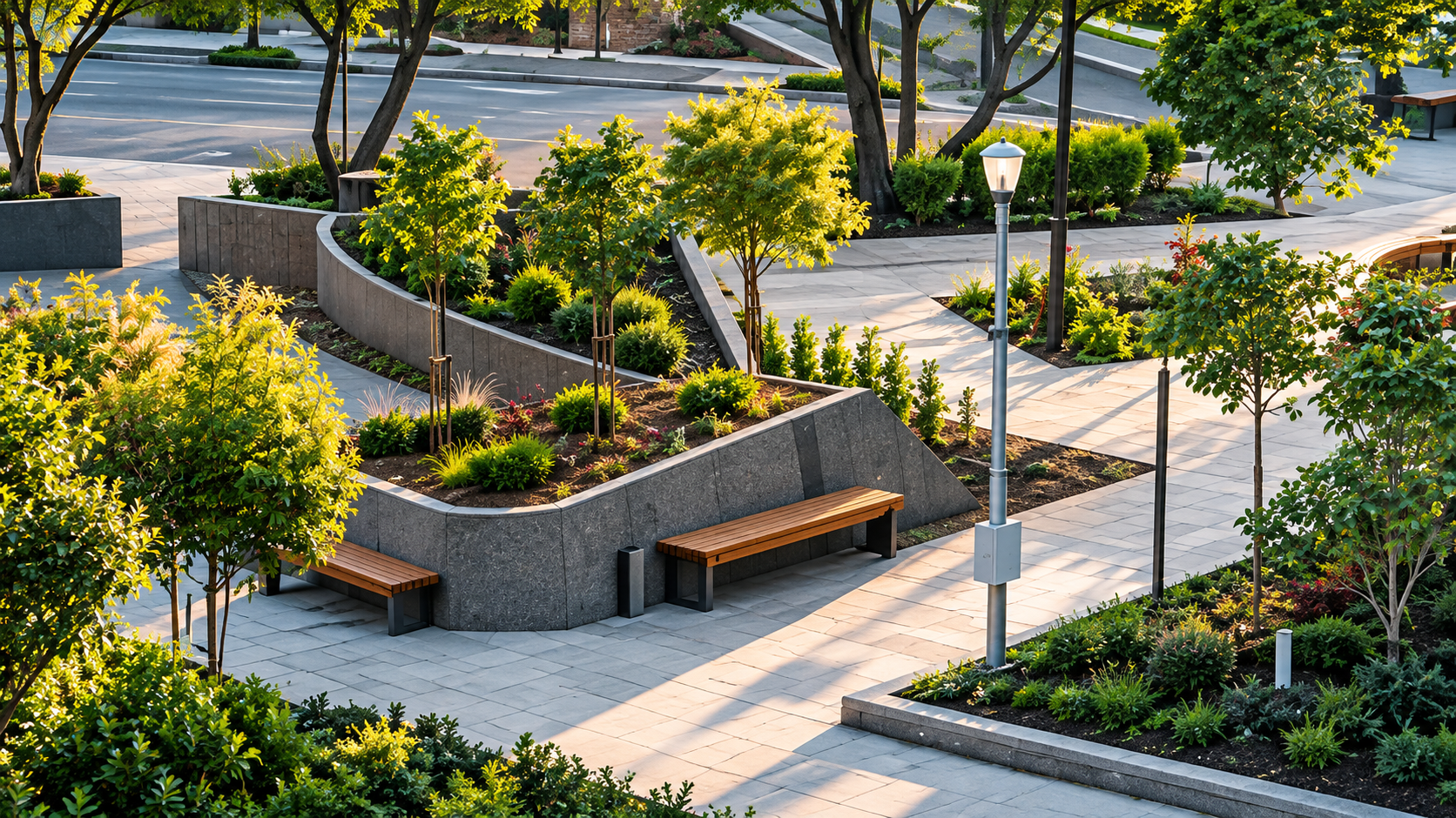 Landscaped street edge with a raised granite planter, timber benches and a paved walkway at golden hour