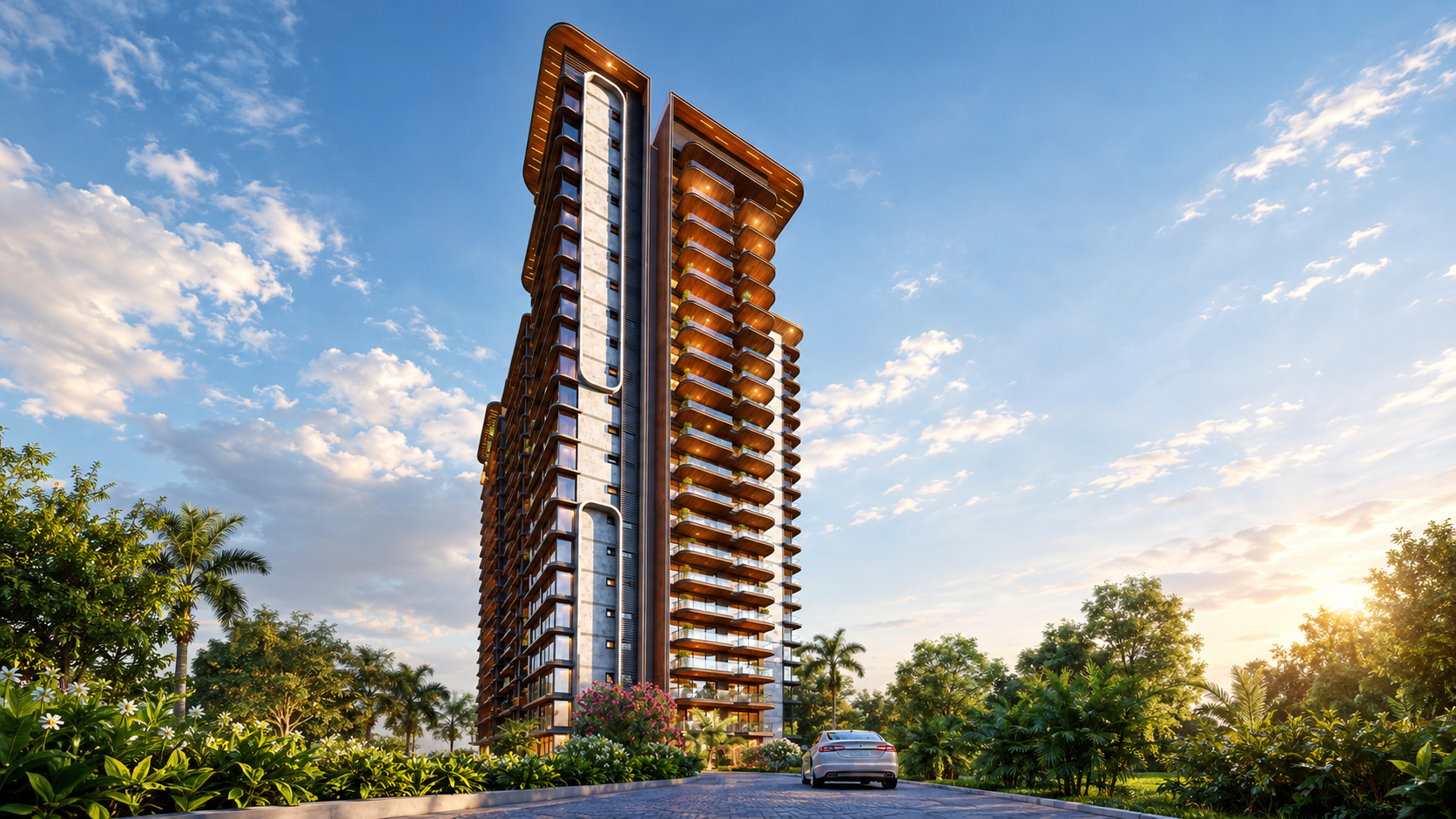 Residential tower at dusk with a landscaped approach