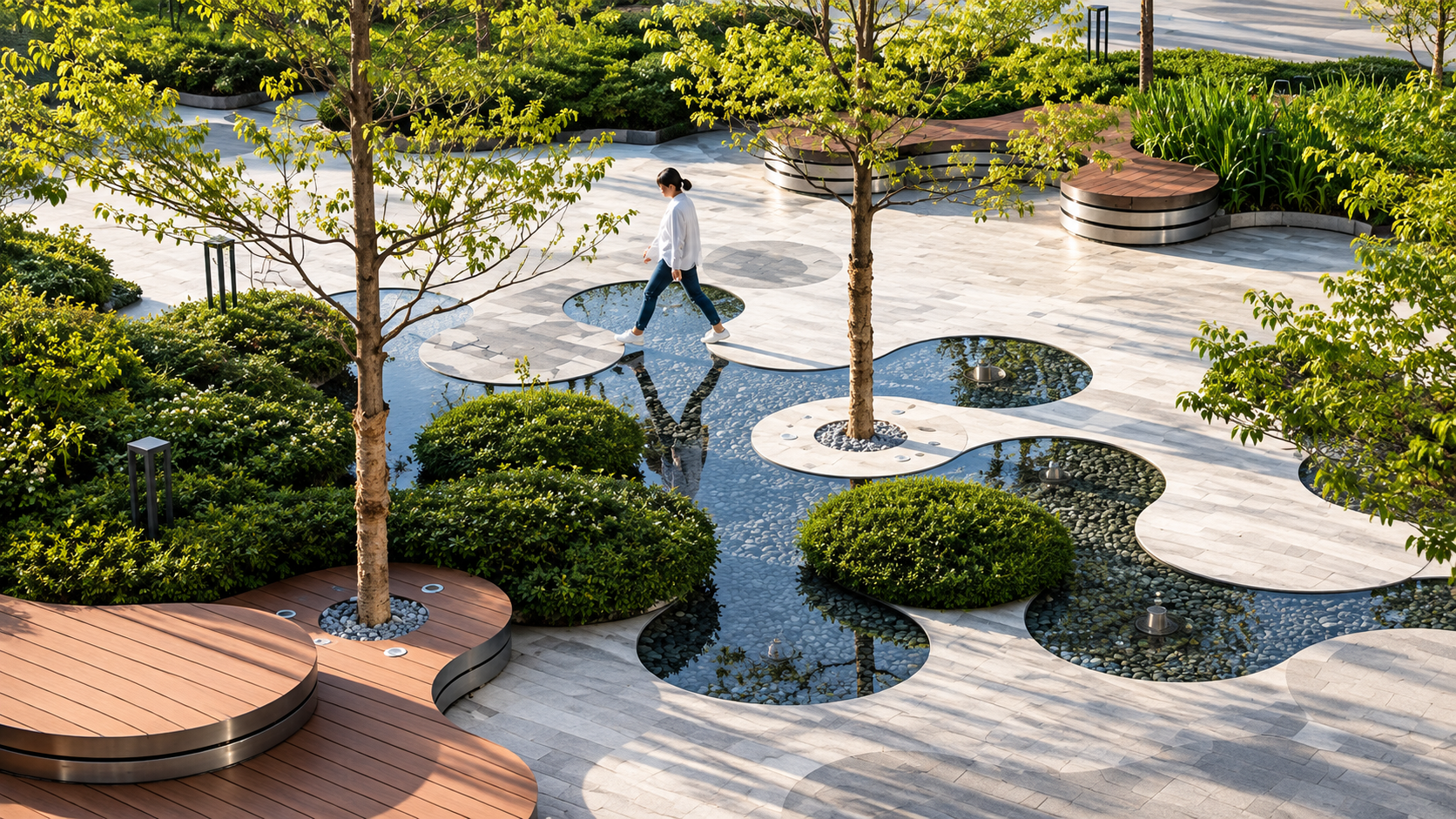 Landscaped plaza with reflecting pools, pebble beds and timber seating